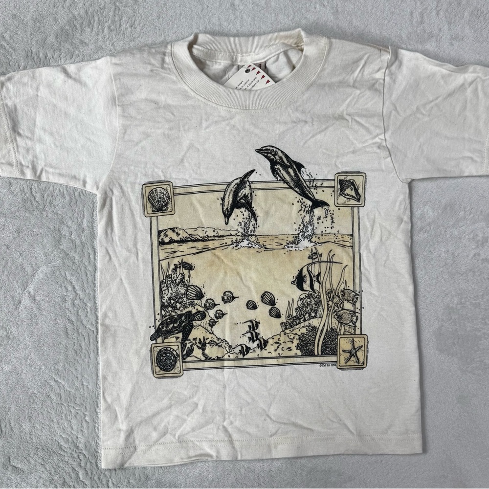 Del Sol Kids Dolphins Sea Turtles Ocean Adventure Graphic Tee - creme small